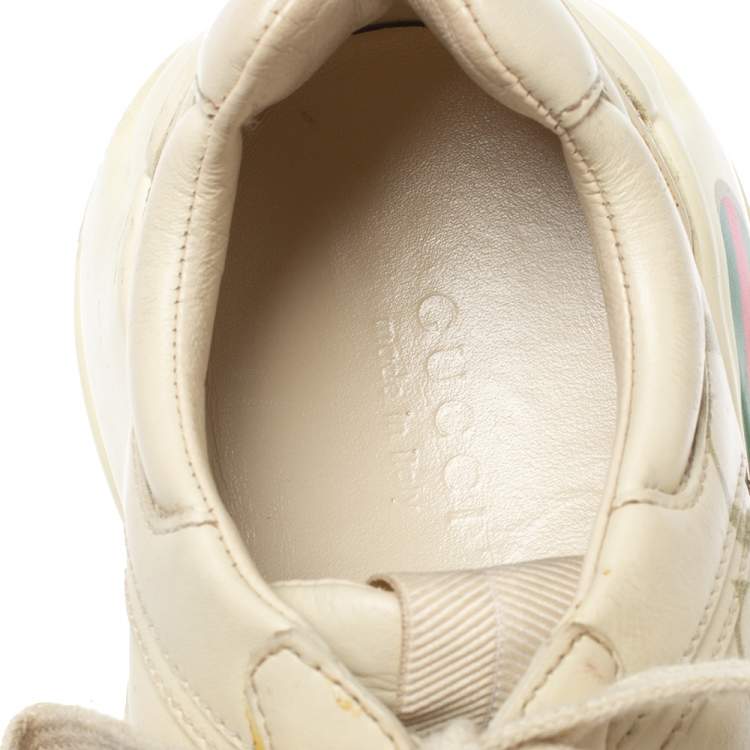 Pre Owned Gucci Beige Leather Rhyton Gucci Logo Low Top Sneakers Size 36