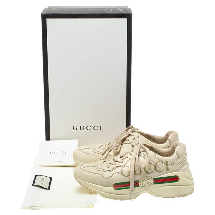 Pre Owned Gucci Beige Leather Rhyton Gucci Logo Low Top Sneakers Size 36