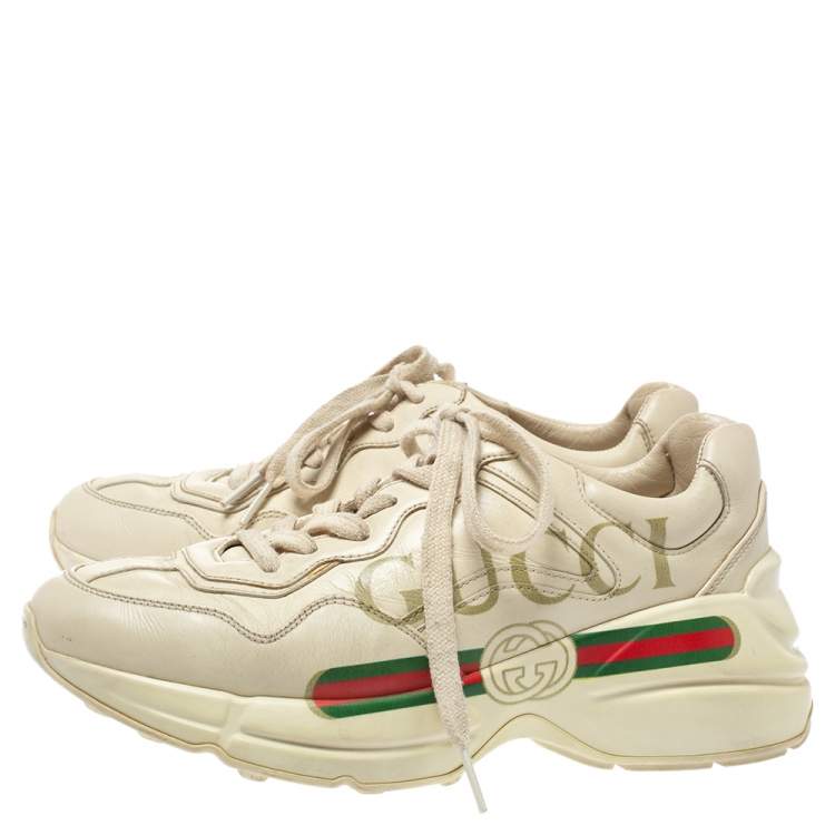 Pre Owned Gucci Beige Leather Rhyton Gucci Logo Low Top Sneakers Size 36