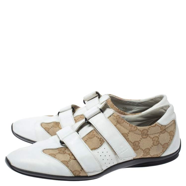Pre Owned Gucci White/Beige GG Canvas and Leather Velcro Sneakers Size 40