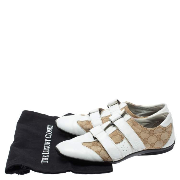 Pre Owned Gucci White/Beige GG Canvas and Leather Velcro Sneakers Size 40