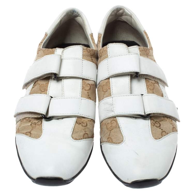 Pre Owned Gucci White/Beige GG Canvas and Leather Velcro Sneakers Size 40