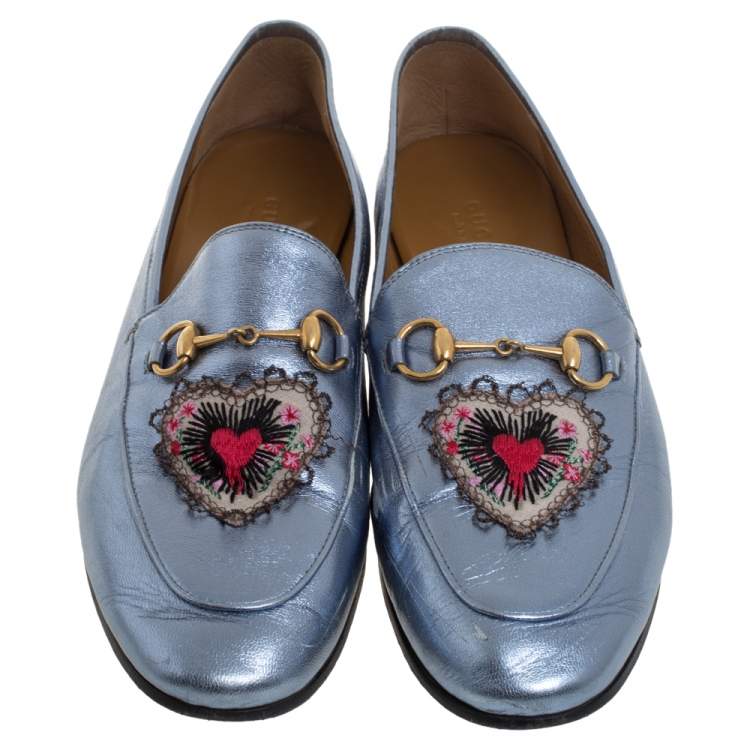 Pre Owned Gucci Metallic Blue Leather Jordaan Horsebit Slip On Loafers Size 40