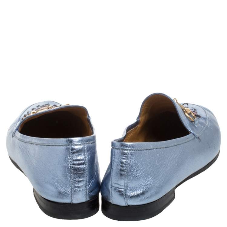 Pre Owned Gucci Metallic Blue Leather Jordaan Horsebit Slip On Loafers Size 40