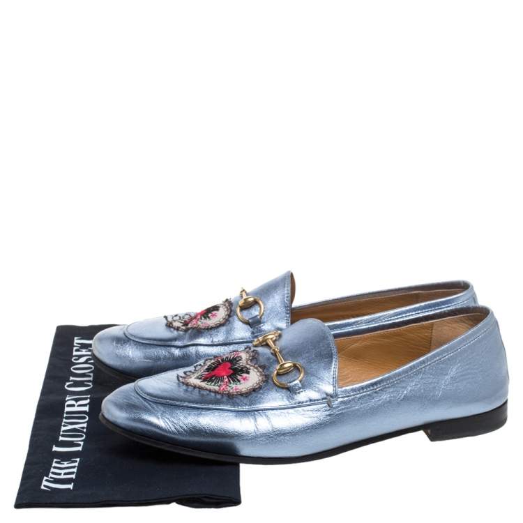 Pre Owned Gucci Metallic Blue Leather Jordaan Horsebit Slip On Loafers Size 40