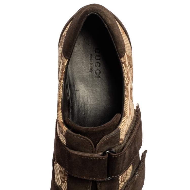 Pre Owned Gucci Brown Guccissima Canvas and Suede Velcro Sneakers Size 40