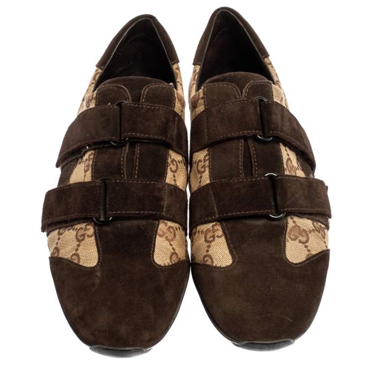 Pre Owned Gucci Brown Guccissima Canvas and Suede Velcro Sneakers Size 40