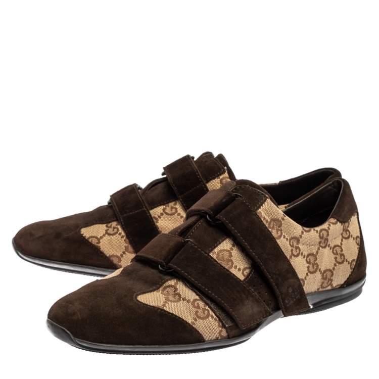 Pre Owned Gucci Brown Guccissima Canvas and Suede Velcro Sneakers Size 40