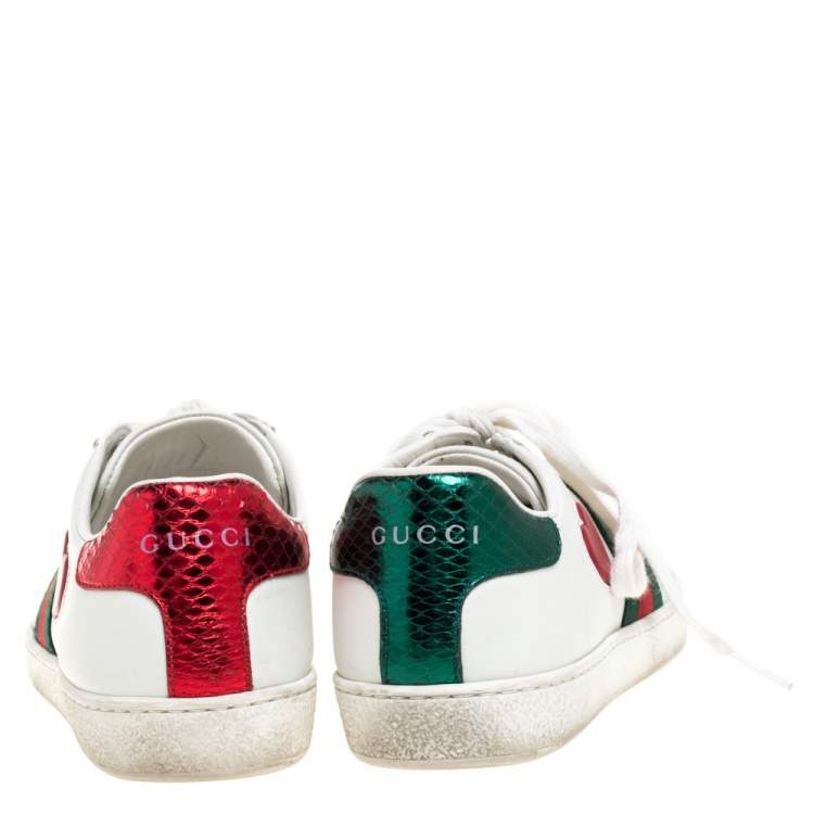 مملوكة مسبقًا Gucci White Leather Ace Web Heart Detail Lace Up Sneaker Size 34.5