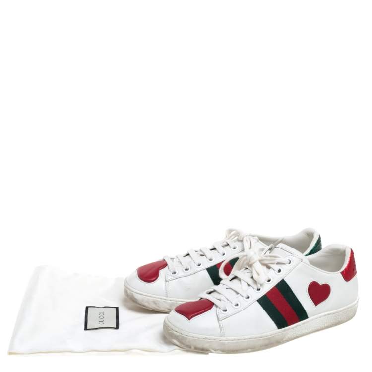 مملوكة مسبقًا Gucci White Leather Ace Web Heart Detail Lace Up Sneaker Size 34.5