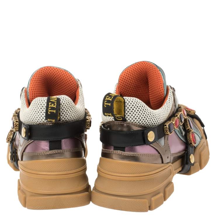 Pre Owned Gucci Multicolor Leather and Mesh Flashtrek Removable Crystals Sneakers Size 40