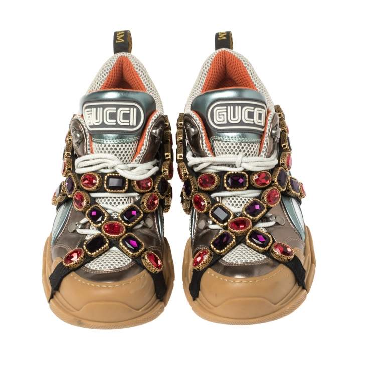 Pre Owned Gucci Multicolor Leather and Mesh Flashtrek Removable Crystals Sneakers Size 40