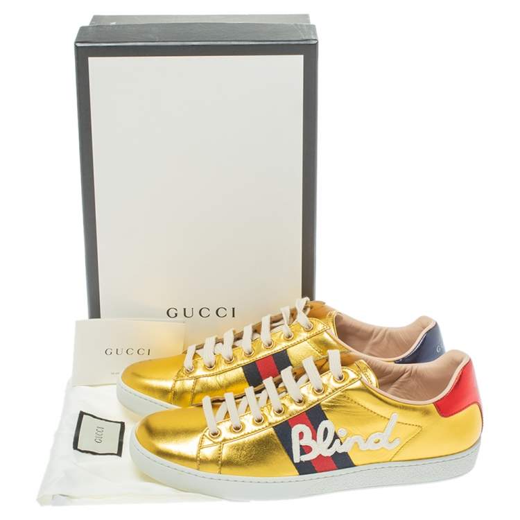 Pre Owned Gucci Metallic Gold Ace Blind For Love Lace Up Sneakers Size 40