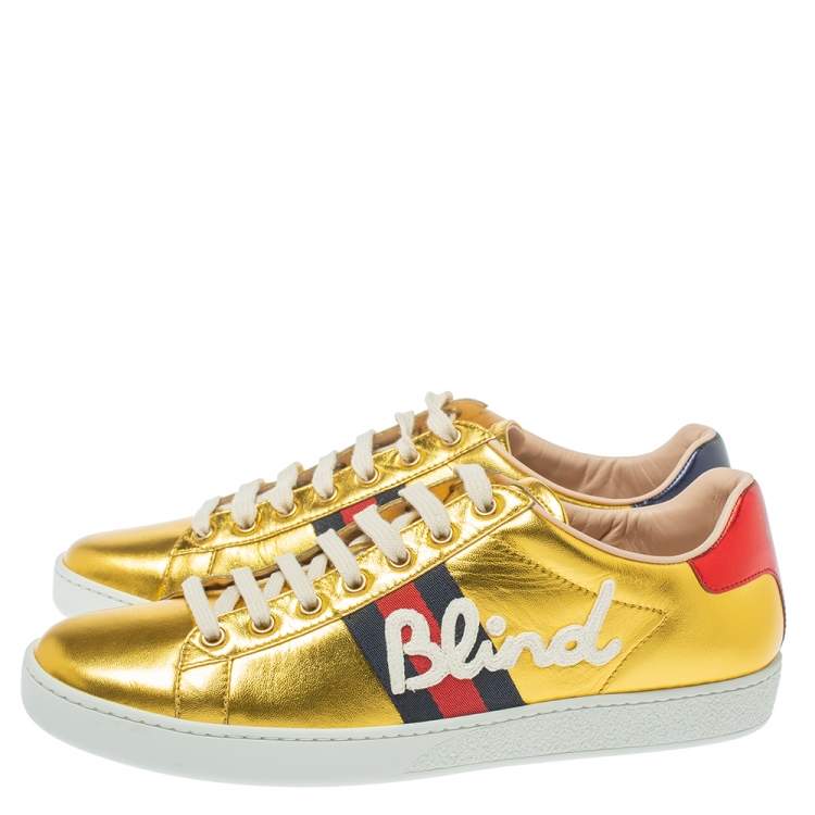 Pre Owned Gucci Metallic Gold Ace Blind For Love Lace Up Sneakers Size 40