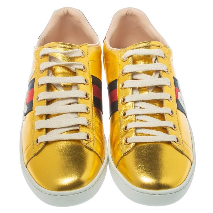 Pre Owned Gucci Metallic Gold Ace Blind For Love Lace Up Sneakers Size 40