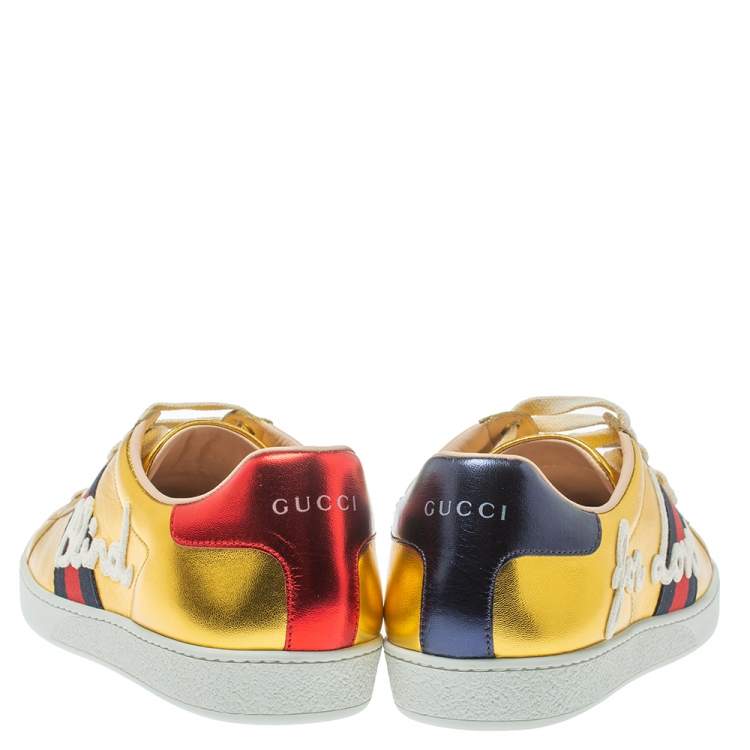 Pre Owned Gucci Metallic Gold Ace Blind For Love Lace Up Sneakers Size 40