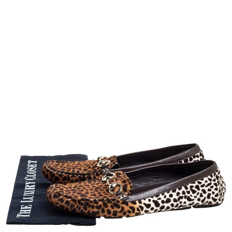 Pre Owned Gucci Brown/White Leopard Print Calfhair Horsebit Detail Slip On Loafers Size 41