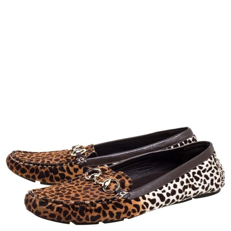 Pre Owned Gucci Brown/White Leopard Print Calfhair Horsebit Detail Slip On Loafers Size 41