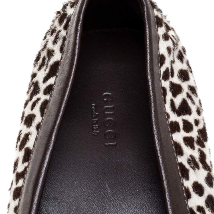 Pre Owned Gucci Brown/White Leopard Print Calfhair Horsebit Detail Slip On Loafers Size 41