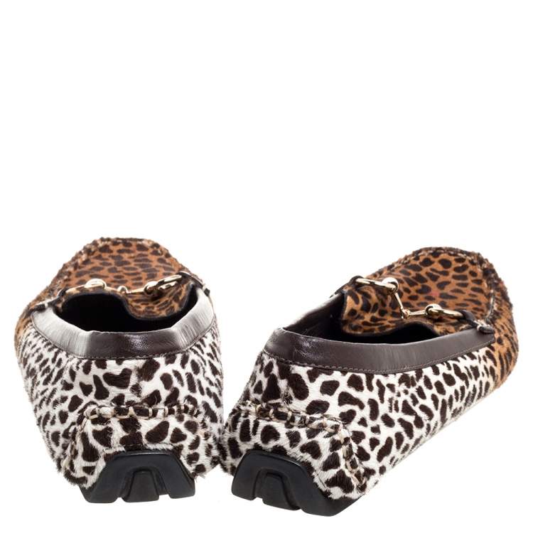 Pre Owned Gucci Brown/White Leopard Print Calfhair Horsebit Detail Slip On Loafers Size 41