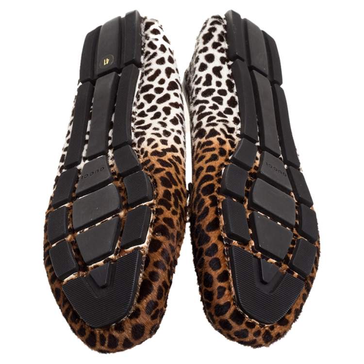 Pre Owned Gucci Brown/White Leopard Print Calfhair Horsebit Detail Slip On Loafers Size 41