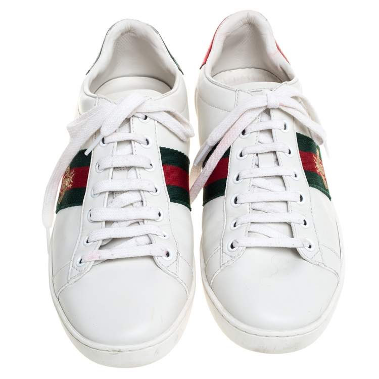 Pre Owned Gucci White Leather Embroidered Bee Ace Low Top Sneakers Size 39