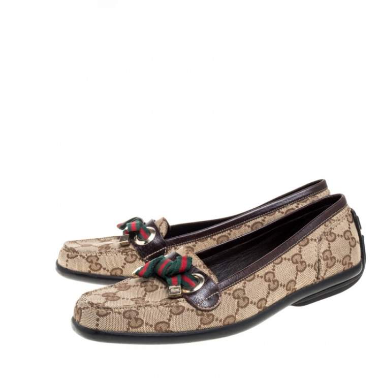 Pre Owned Gucci Beige/Brown GG Canvas and Leather Web Bow Detail Loafers Size 35.5