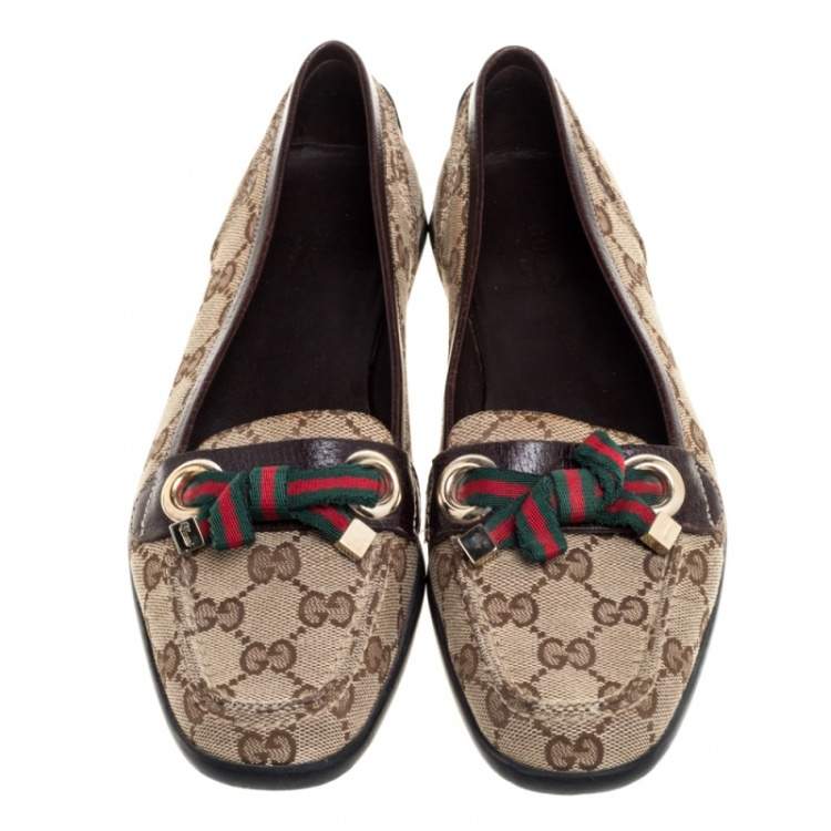 Pre Owned Gucci Beige/Brown GG Canvas and Leather Web Bow Detail Loafers Size 35.5