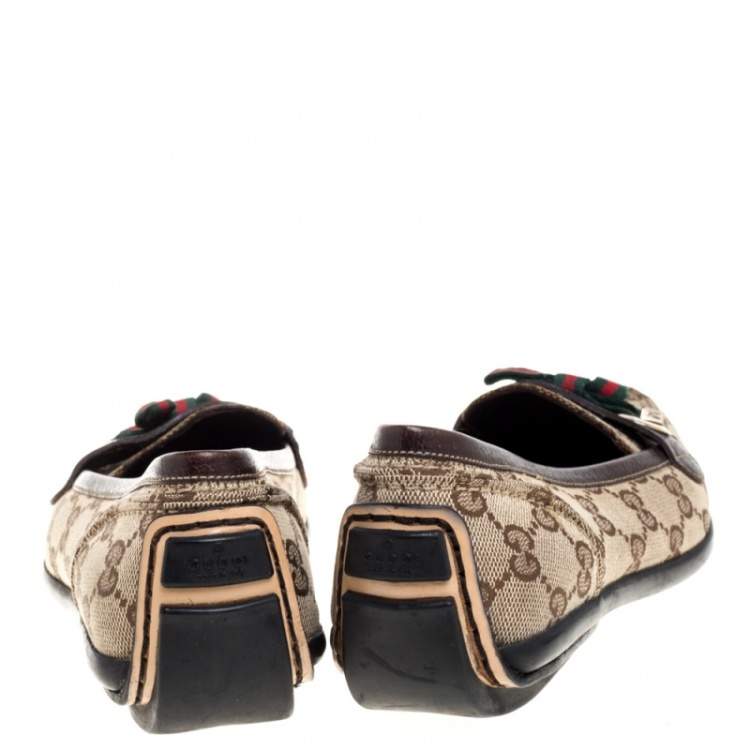 Pre Owned Gucci Beige/Brown GG Canvas and Leather Web Bow Detail Loafers Size 35.5