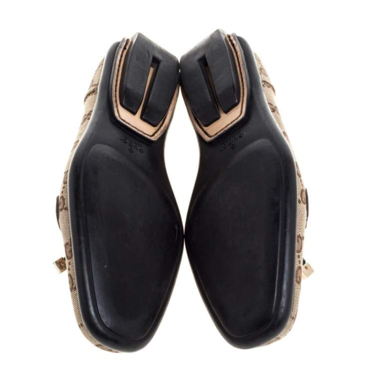 Pre Owned Gucci Beige/Brown GG Canvas and Leather Web Bow Detail Loafers Size 35.5