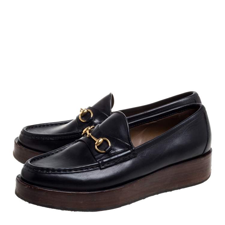 Pre Owned Gucci Black Leather Horsebit Wooden Platform Loafers Size 38.5
