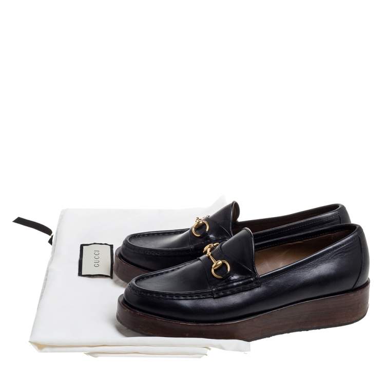 Pre Owned Gucci Black Leather Horsebit Wooden Platform Loafers Size 38.5