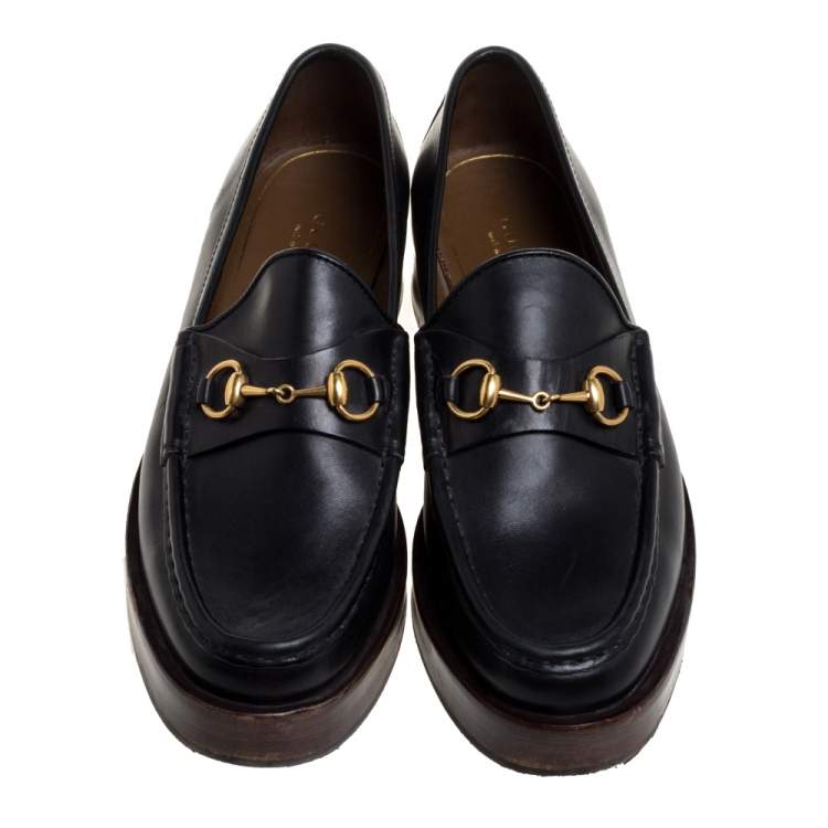 Pre Owned Gucci Black Leather Horsebit Wooden Platform Loafers Size 38.5