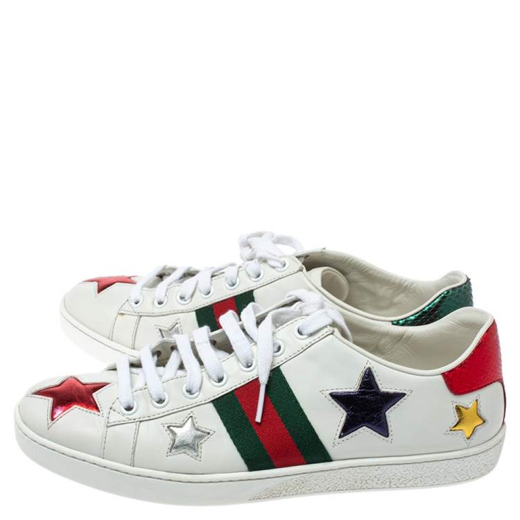 Pre Owned Gucci White Leather Ace Metallic Stars Low Top Sneakers Size 38