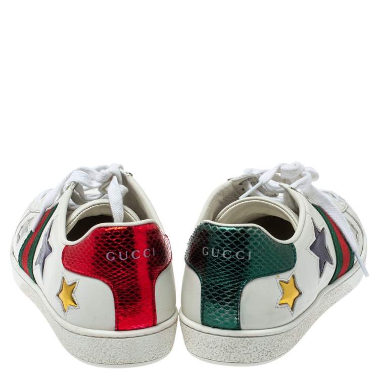 Pre Owned Gucci White Leather Ace Metallic Stars Low Top Sneakers Size 38