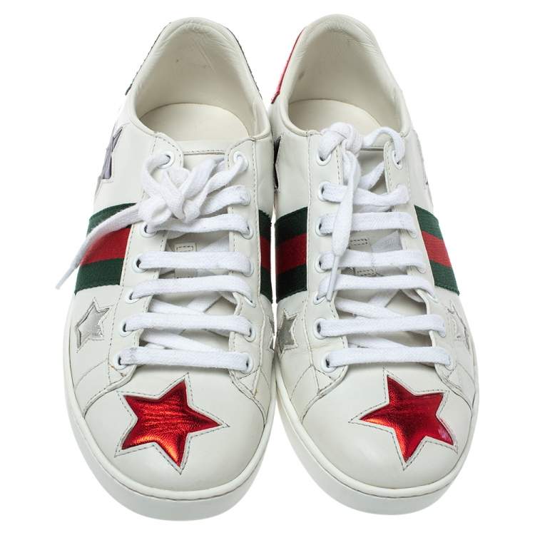 Pre Owned Gucci White Leather Ace Metallic Stars Low Top Sneakers Size 38