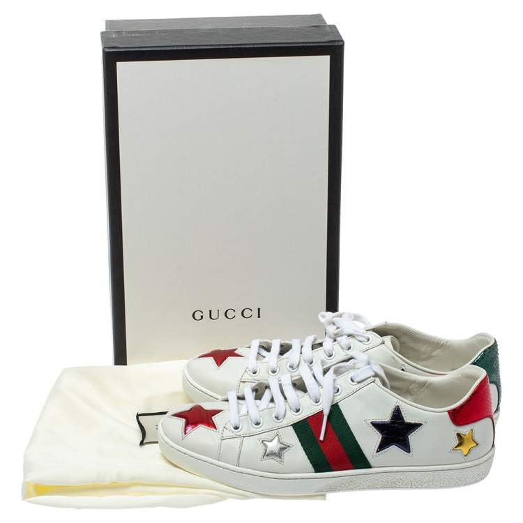 Pre Owned Gucci White Leather Ace Metallic Stars Low Top Sneakers Size 38