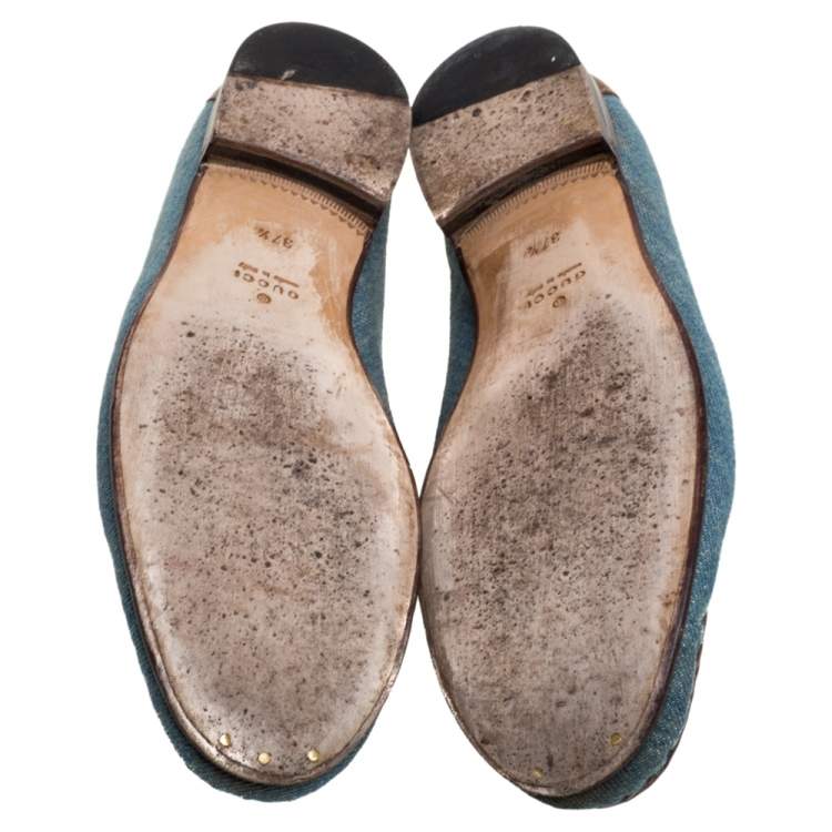 مملوكة مسبقًا Gucci Blue/Brown Denim Fabric And Leather Horsebit Loafers Size 37.5
