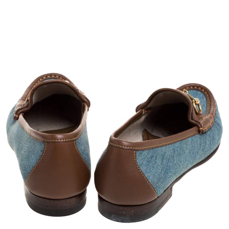 مملوكة مسبقًا Gucci Blue/Brown Denim Fabric And Leather Horsebit Loafers Size 37.5