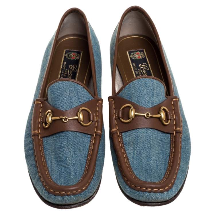 مملوكة مسبقًا Gucci Blue/Brown Denim Fabric And Leather Horsebit Loafers Size 37.5