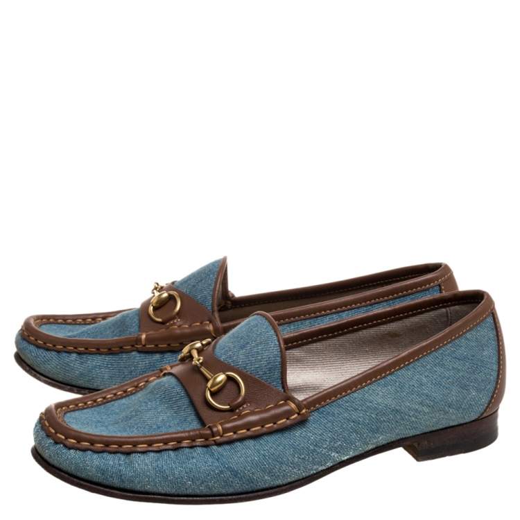 مملوكة مسبقًا Gucci Blue/Brown Denim Fabric And Leather Horsebit Loafers Size 37.5