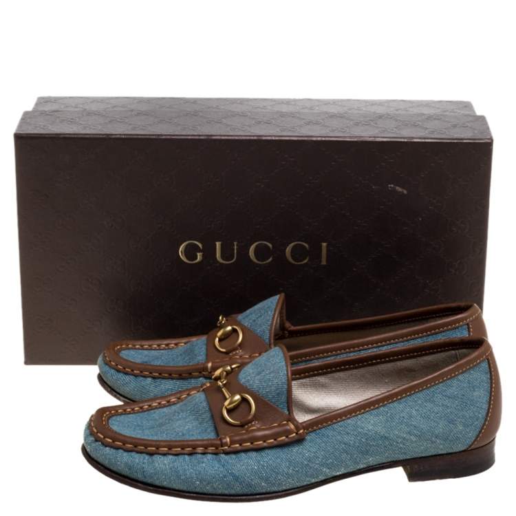 مملوكة مسبقًا Gucci Blue/Brown Denim Fabric And Leather Horsebit Loafers Size 37.5