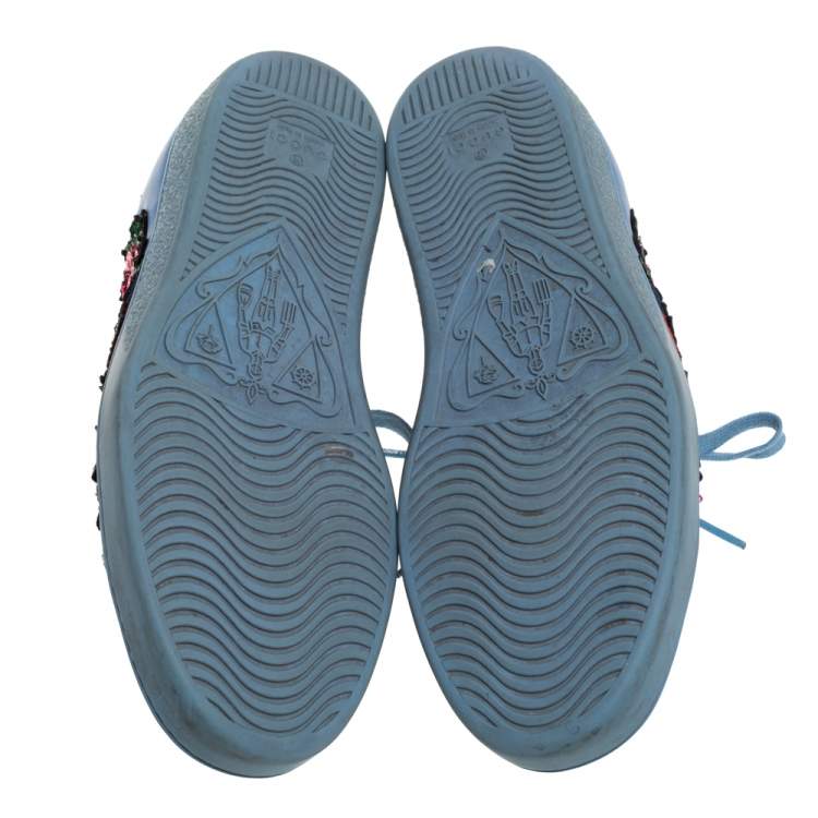 Pre Owned Gucci Blue Leather Ace Web Floral Embellished Low Top Sneakers Size 37