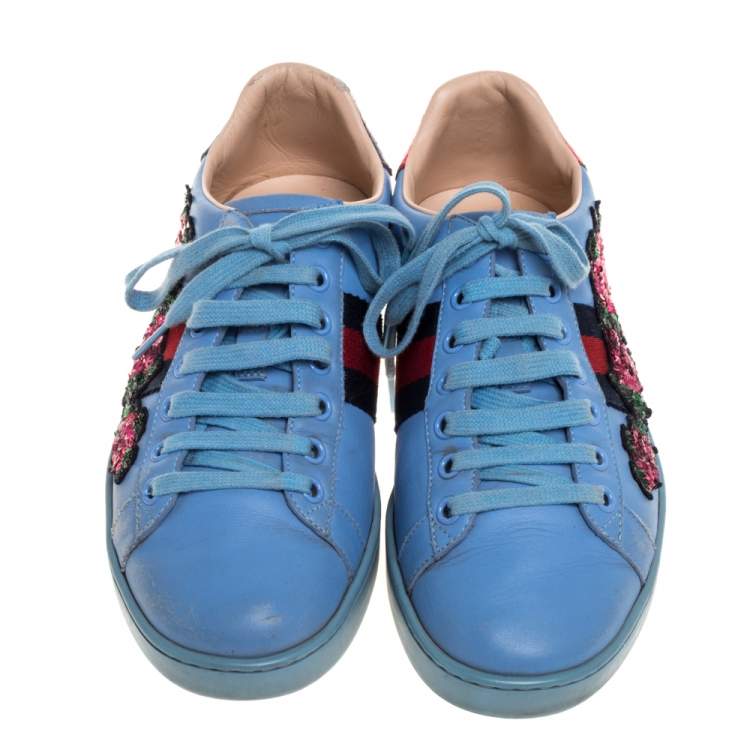 Pre Owned Gucci Blue Leather Ace Web Floral Embellished Low Top Sneakers Size 37
