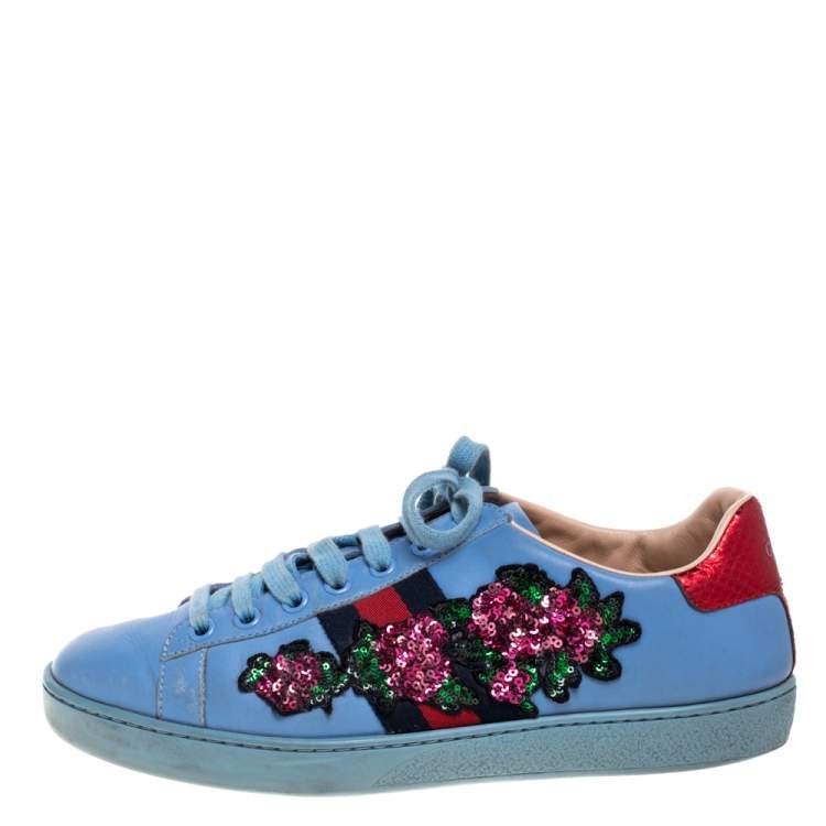 Pre Owned Gucci Blue Leather Ace Web Floral Embellished Low Top Sneakers Size 37