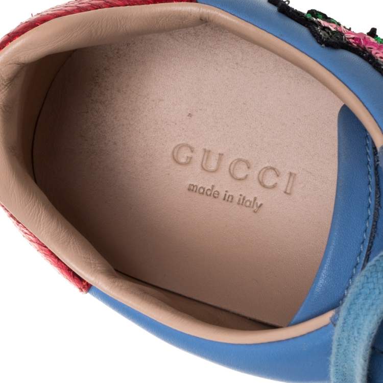Pre Owned Gucci Blue Leather Ace Web Floral Embellished Low Top Sneakers Size 37