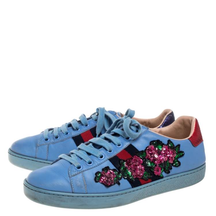 Pre Owned Gucci Blue Leather Ace Web Floral Embellished Low Top Sneakers Size 37