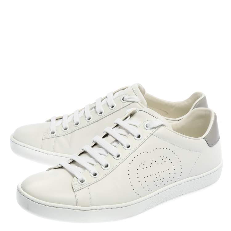 مملوكة مسبقًا Gucci White/Grey Perforated Interlocking G Leather Ace Sneakers Size 37