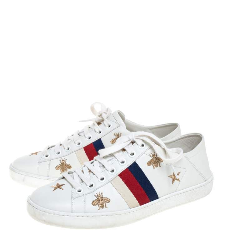 مملوكة مسبقًا Gucci White Leather Ace Bees and Stars Embroidered Low Top Sneakers Size 35.5