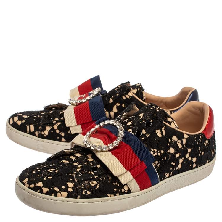 Pre Owned Gucci Black Lace/Satin Ace Web Crystal Embellished Sneakers Size 39